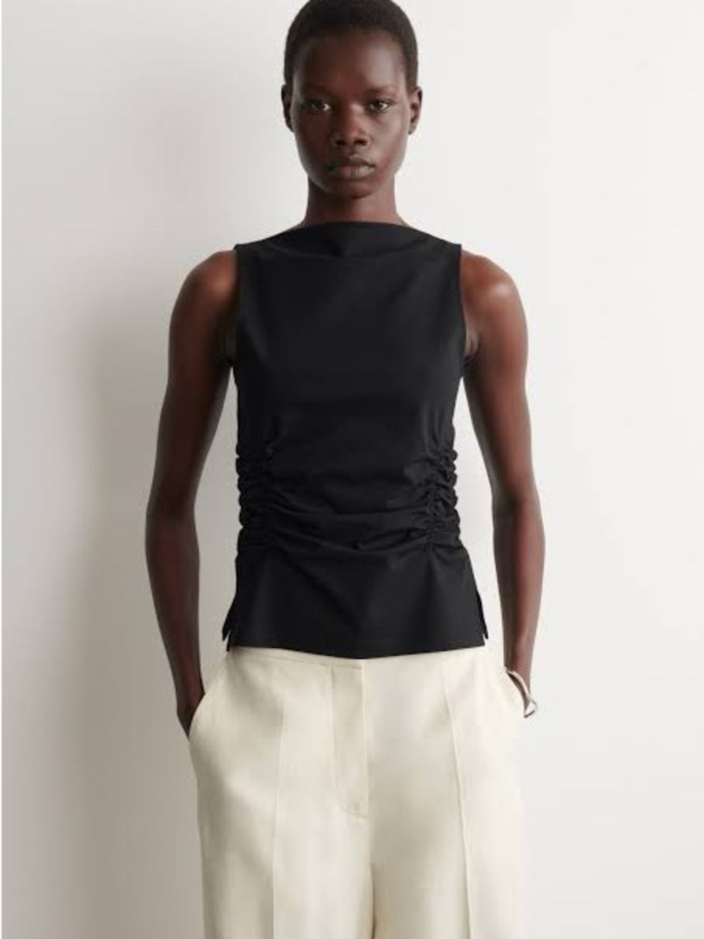 COS RUCHED-WAIST COTTON-JERSEY TANK TOP Black Women's M NWT